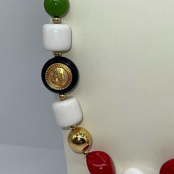 Liz Claiborne Beaded Bib Necklace Gold Tone Multicolor Long Nautical  Crest - Picture 2 of 6